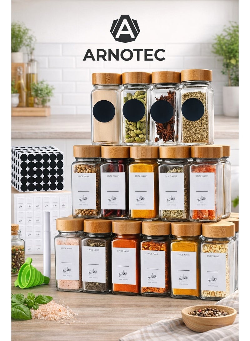 ARNOTEC طقم برطمانات توابل زجاجية مكون من 24 قطعة مع أغطية من الخيزران، حاويات توابل مربعة محكمة الإغلاق سعة 120 مل مع أغطية رش، ملصقات، قلم وقمع سيليكون – مجموعة تخزين وتنظيم المطبخ - Image 1
